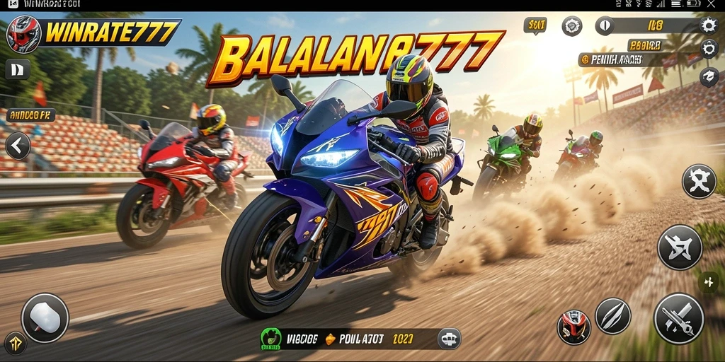 Tangkapan layar utama WINRATE777 menampilkan aksi balapan motor yang intens dan mendebarkan.